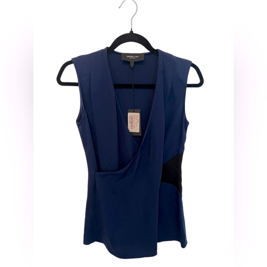 Derek Lam | Georgette Sleeveless Wrap Front Bi Color Blue And Black